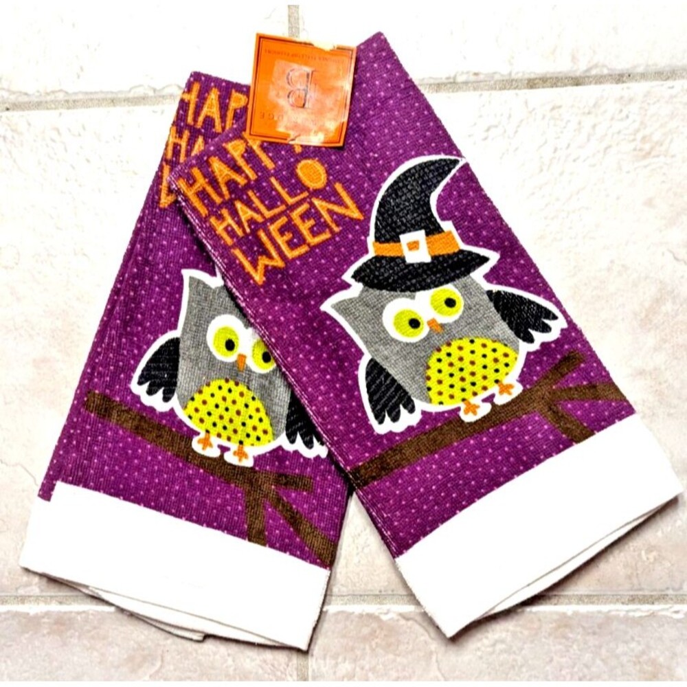 Happy Halloween Owl on Branch Kitchen Towels 2-pc Black Hat Purple Gray Bird